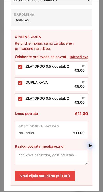 Product selection and the final button that initiates the refund.
