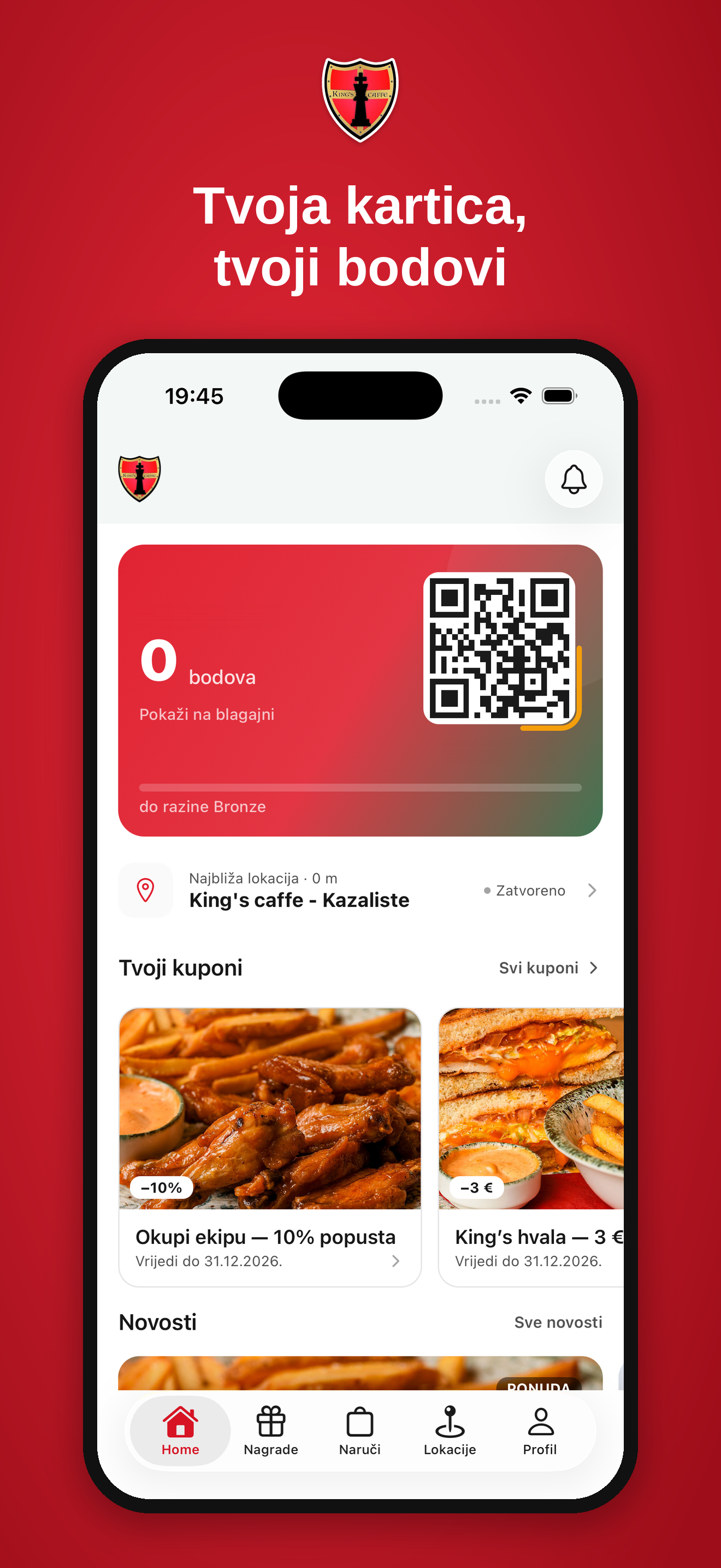 Primjer loyalty aplikacije s članskom karticom, QR kodom, bodovima i kuponima.